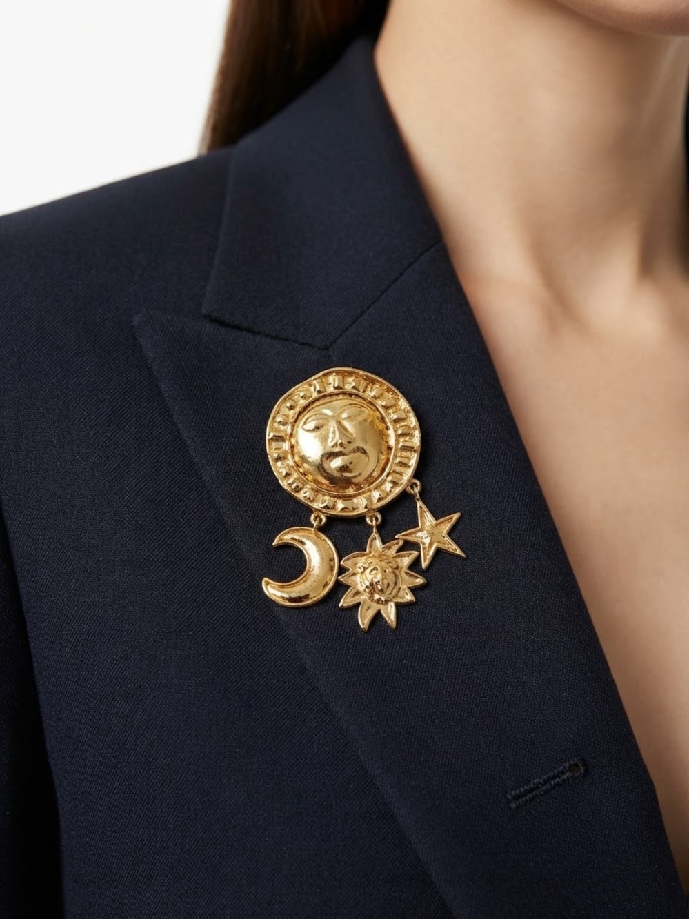 Gold Celestial Sun, Moon & Star Brooch - Designer Women's Jewelry